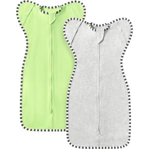 Transition Swaddle, 2 Pack 100% Cotton Baby Sleep Sack, 2-Way Zipper Infant Arm Up Swaddle for Newborn Baby Boys Girls (Light Green + Light Grey, S(0-3 Months)) (S)
