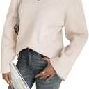 Yousify Womens V Neck Oversized Sweaters Long Sleeve Knit Pullover Trendy Casual Chunky Sweater (Beige, M)