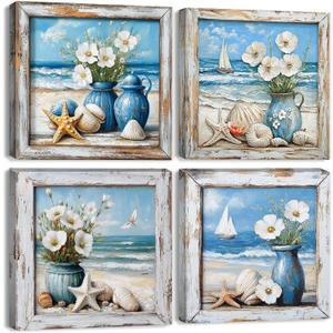 Coastal Wall Art Nautical Bathroom Decor Vintage Beach Theme Pictures Wall Art Vintage Beachy Paintings Canvas Prints Watercolor Flowers Posters Blue Seascape Framed Artwork Home Decorations 12x12