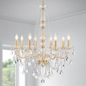 WUZUPS 8-Light Crystal Candle Chandelier Pendant Ceiling Light Modern Lighting Fixture for Bedroom Hallway Bar Kitchen Bathroom, H 35.4" W 27.6", E12 Base, Gold