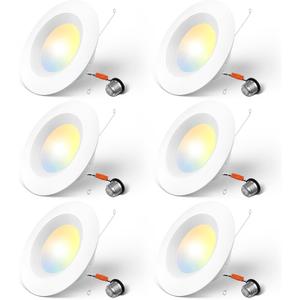 Amico 5/6 inch 5CCT LED Recessed Lighting 6 Pack, Dimmable, IC Rated, 12.5W=100W, 950LM Can Lights with Baffle Trim, 2700K/3000K/4000K/5000K/6000K Selectable, Retrofit Installation, ETL & FCC (White-Rear CCT Style)