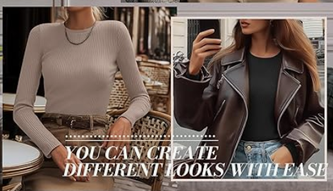 Ficerd 2 Pack Women's Ribbed Long Sleeve Tops, Crew Neck Slim Fit Undershirts Knit Basic Casual Stretch Layering Tee Shirts, Beige and Black, Small