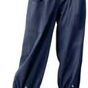 Cotton Casual Capri for Women Elastic High Waisted Loose Lantern Tapered Harem Pants with Pockets