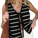 SOLY HUX Women's Sleeveless Striped Sweater Vest V Neck Tie Bow Crochet Knit Tank Tops Casual Loose Cardigan (Black, S)