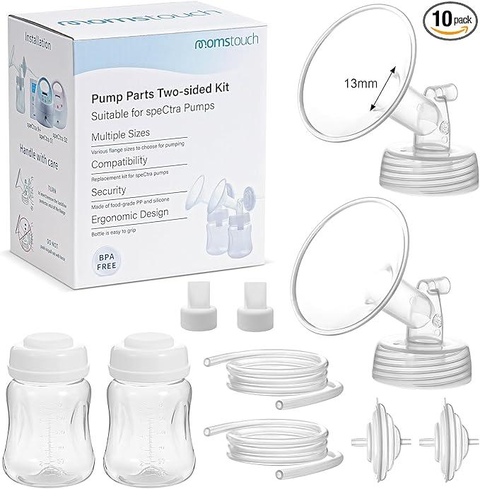 Pump Parts Compatible with Spectra S1/S2/9 Plus, Not Original Accessories, Full Set Replacements Include 13mm Flange, Duckbill Valve, Backflow Protector, Tubing and Bottle