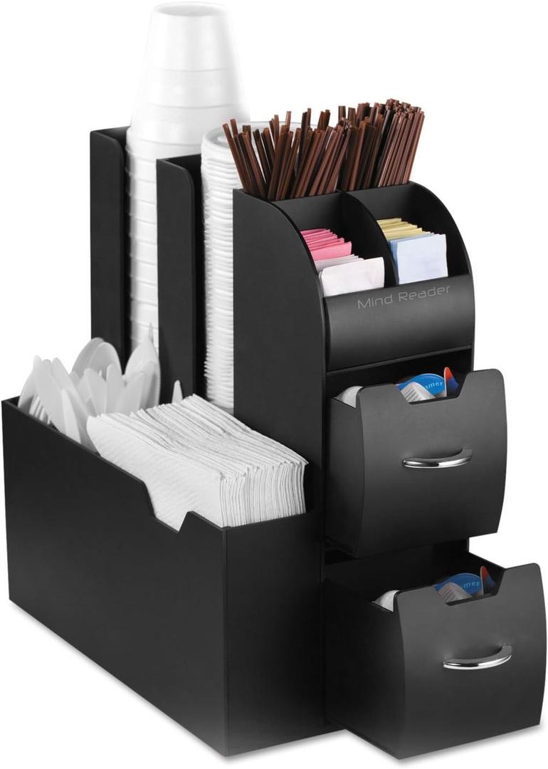 Mind Reader Cup and Condiment Station, Countertop Organizer, Coffee Bar, Kitchen, Stirrers, 5.35"W x 11.25"L x 11.15"H, Black