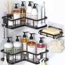 YASONIC Corner Shower Caddy Organizer, 3-Pack Self-Adhesive Rustproof Bath Shelves with Soap Holder & 4 Hooks, Large Capacity Shower Storage Rack for Bathroom Organization, Black (3pack)