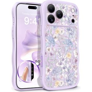 GVIEWIN for iPhone 17 Pro Case Compatible with MagSafe [Curly Wave Edge][Full Camera Protection] Floral Translucent Shockproof Magnetic Women Phone Case for iPhone 17 Pro 6.3'', Apricot Blossom/Purple
