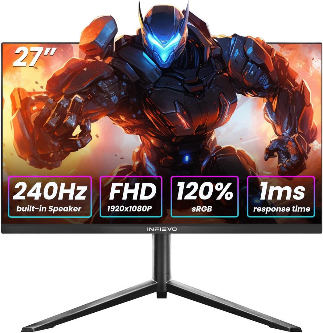 INFIEVO 27 Inch 240Hz Gaming Monitor FHD 1080p IPS 1ms, 120% sRGB, AMD FreeSync Premium, Ergonomic Lift & Pivot Stand, Built-in 2.1 Speakers, HDMI/DP x2, Gamer Eye Care, VESA Mount (Black)