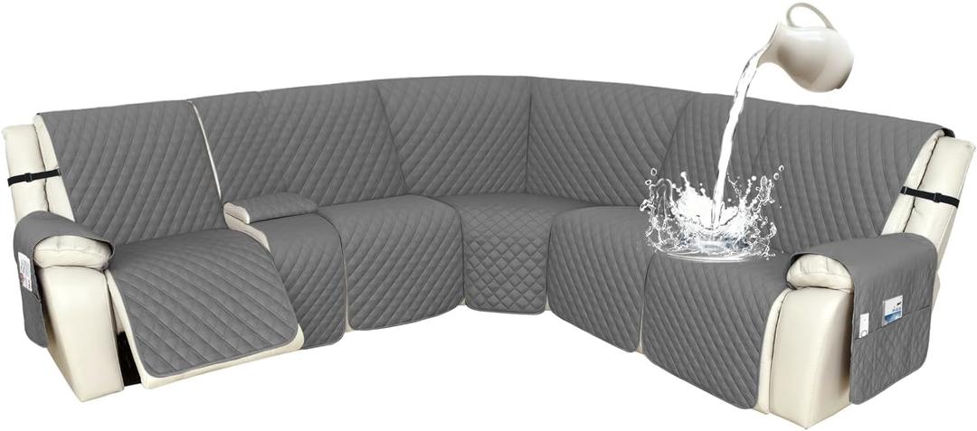 Arfntevss Recliner Sectional Couch Covers 1OO% Waterproof L Shape Sofa Cover for Reclining L Shaped Sectional Slipcover Dog Washable Corner Non Slip Protector (5 Seater with 1 Console, Dark Gray)