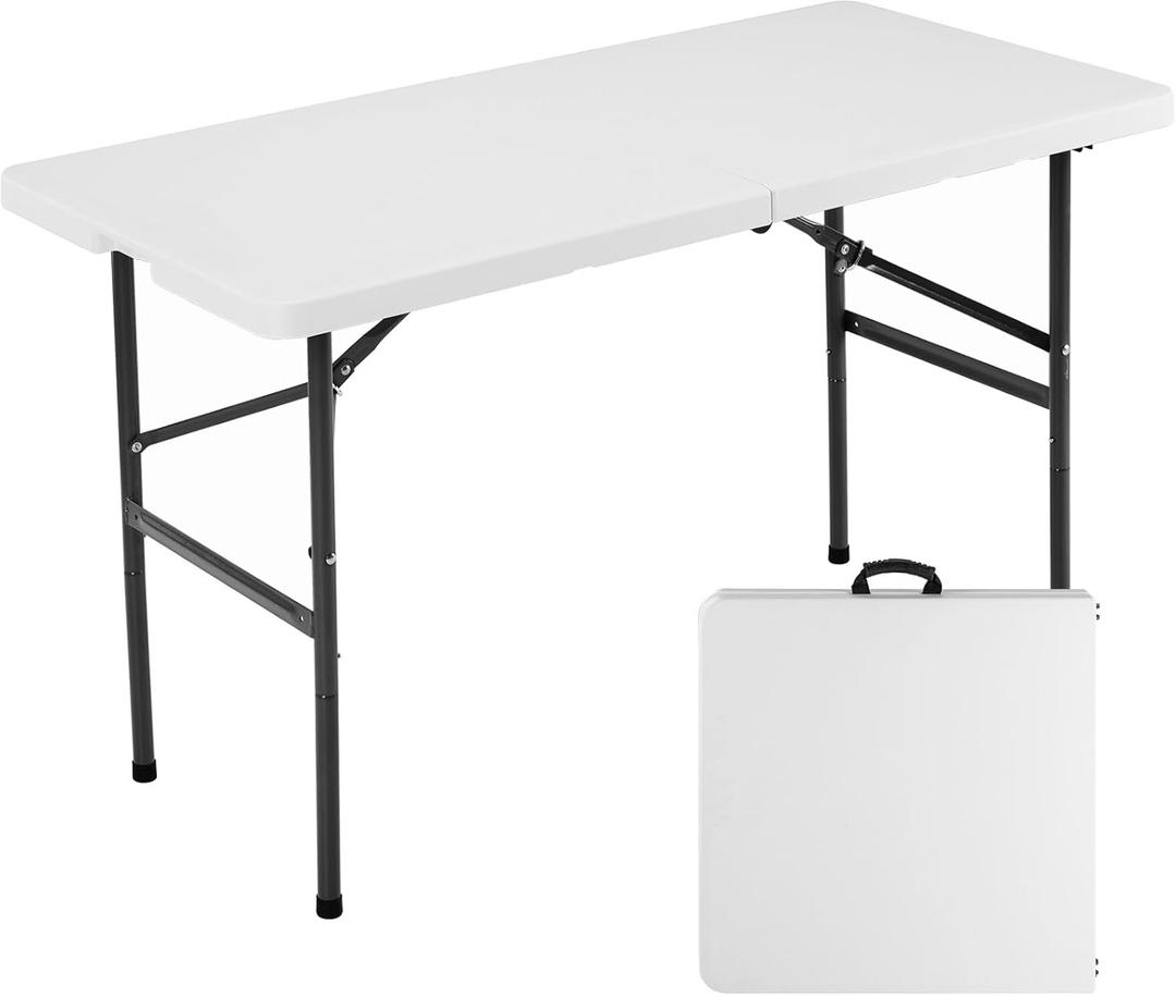 Sweetcrispy 4ft Plastic Folding Table Outdoor Indoor Heavy Duty Portable Desk with Carrying Handle for Camping Picnic Party (White)