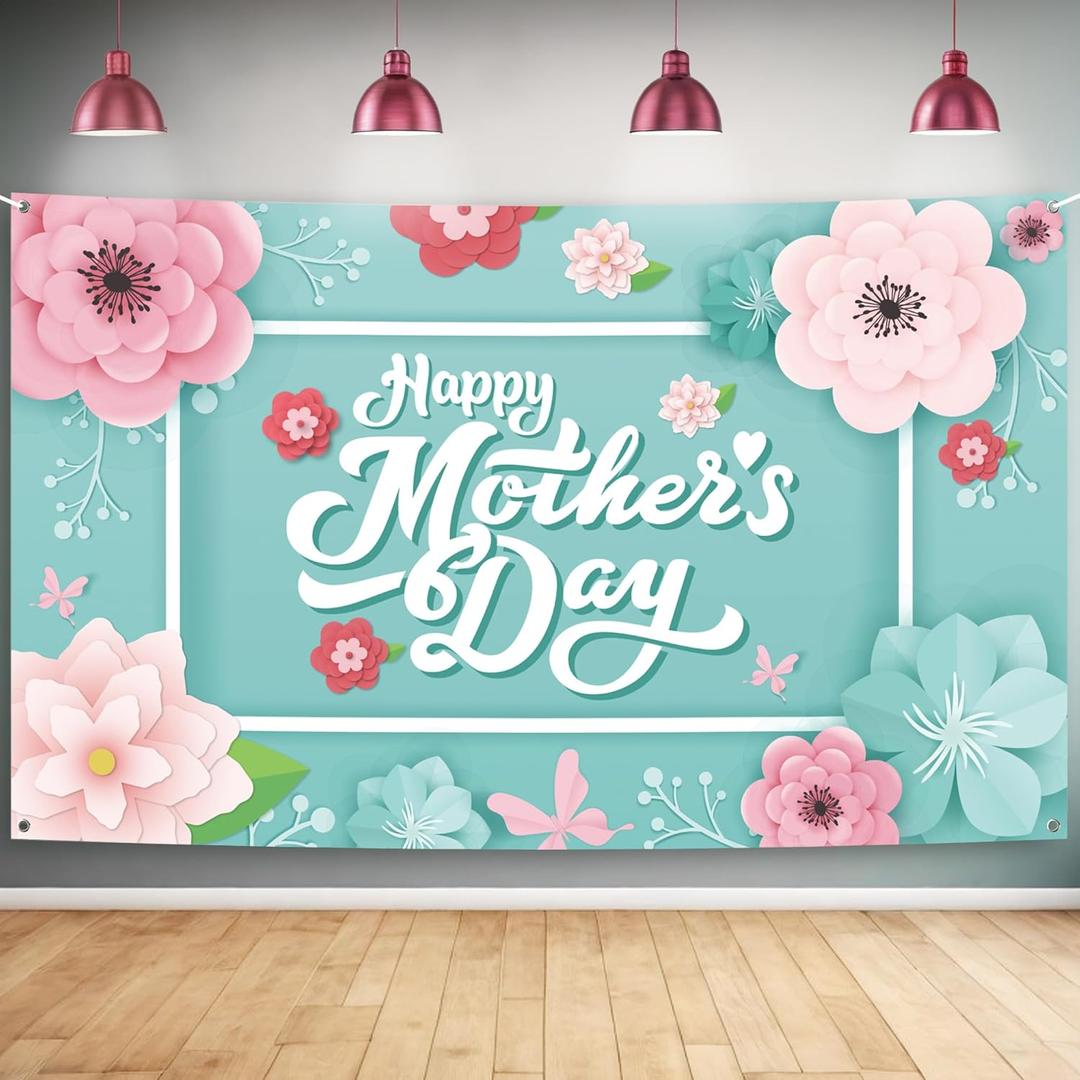 KatchOn, Happy Mother's Day Banner - 72x44 Inch, Pastel Teal | Mothers Day Decorations | Cloth Fabric Material, Includes White Ribbon (32 Feet)
