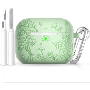 for AirPods Pro 3 Case (2025) DamonLight Daisy Floral Engraved Shockproof Protective Soft Silicone Case Cover with Cleaning Pen and Keychain for Apple Airpods Pro 3rd Generation(Avocado Green)