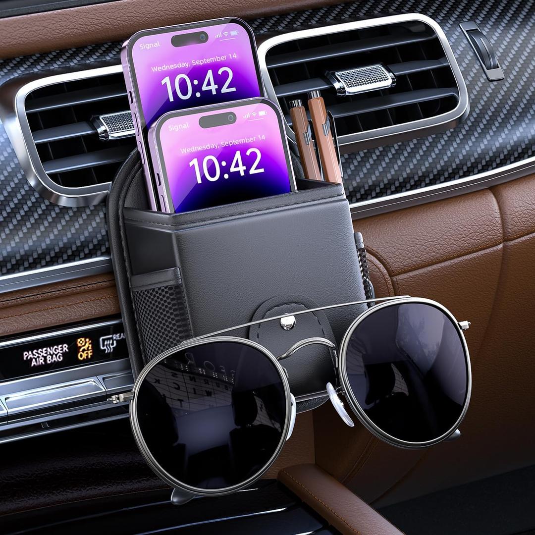 Car Air Vent Storage Bag Organizer Pocket, Sunglass Holder Car Mount Phone Holder Coin Key Card Case Organizer with Clip, Car Air Vent Phone Holder Coin Key Card Case Organizer (Black)