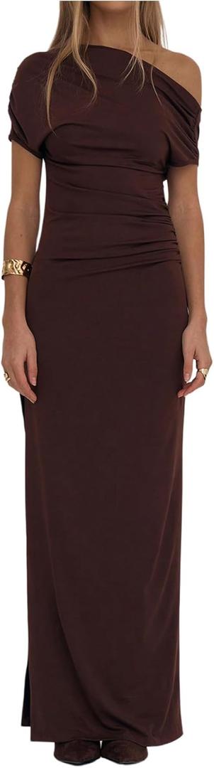 GORGLITTER Women's Asymmetrical Neck Ruched Bodycon Maxi Dress One Shoulder Short Sleeve Dinner Cocktail Long Dresses (Large, Coffee Brown)