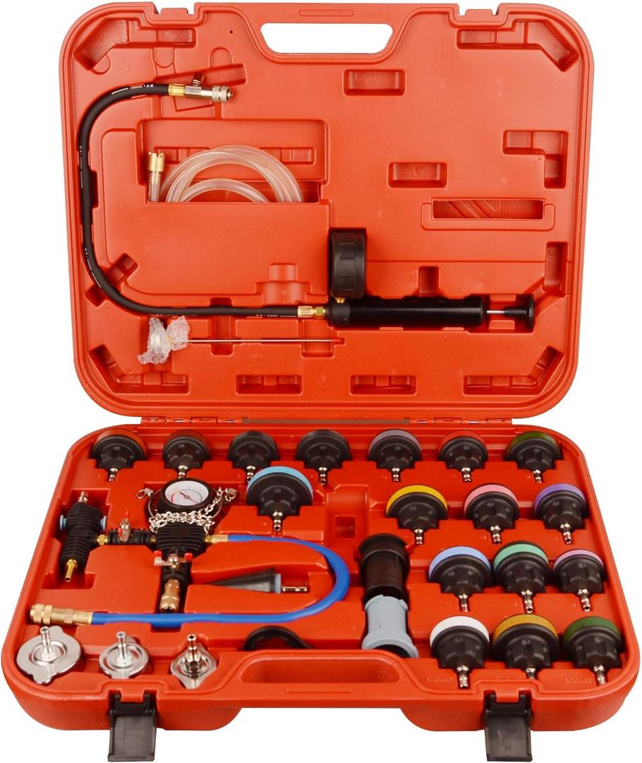 28pcs Universal Radiator Pressure Tester Kit, coolant Pressure Tester kit coolant Vacuum Refill kit for Cooling System (Red)