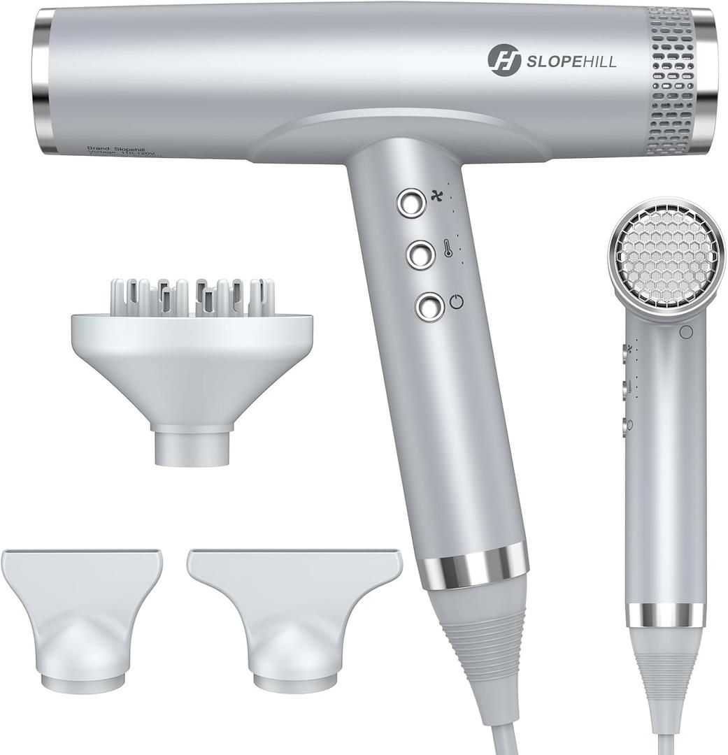 slopehill Hair Dryer - Professional Ionic Hairdryer, High-Speed Blow Dryer for Fast Drying, Home & Salon & Travel, Low Noise, Lightweight Compact Ceramic Blowdryer (Premium-silver)