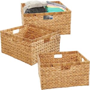 BARIEN 14.5 x 13.5 x 8 (Set of 3) Natural Water Hyacinth Storage Baskets, Rectangular Wicker Basket with Built-in Handles, Large (14.5 x 13.5 x 8 in (3-Pack))