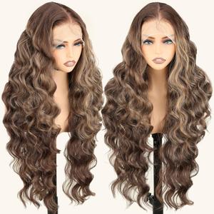 SOKU 13x6 Lace Frontal Wig Highlighted 32 Inch Body Wave Pre Plucked Babyhair Transparent HD Lace Heat Friendly Highlights Brown Bouncy Synthetic Hair