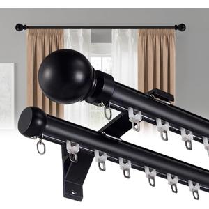 Double Curtain Rods for Windows, Heavy Duty Dual Rod Wall Mount Track Slilent Aluminum Alloy Brackets with Decorative Round Finials Rail for Bedroom/Living Room/Window/Hotel (Black,1m（3.3ft）)