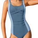 Girls Swimsuits Size 14-16 Teen Swimsuits for Girls 14-16 Criss Cross One Piece Swimsuit Color Block Ruched Bathing Suit Adjustable Straps Swimwear Gray Blue 15-16Y (Blue)