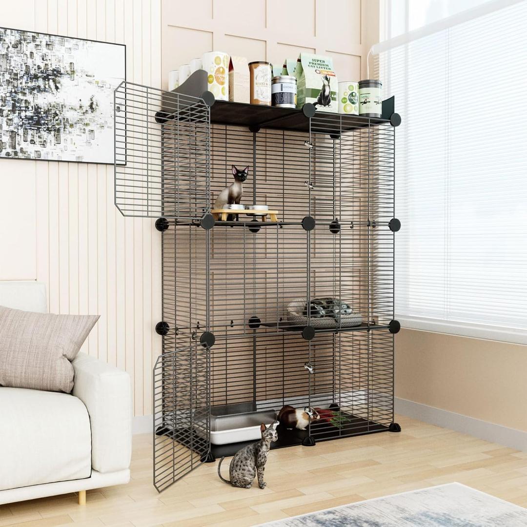 2 Tier Cat Cage Indoor, Big Wire Cat Cage Kennels Enclosures DIY Playpen Crates, Pet Pen C&C Cage for 1-2 Cats Kittens (M - 27.9" x 14.2" x 45.3")