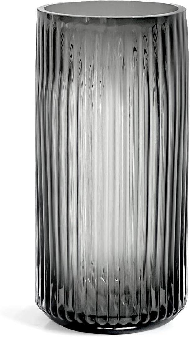 Muyan 9.8" Flower Vase for Decor Ribbed Glass Vase Modern for Centerpieces Desktop Home Office Dining Living Room Wedding (Gray) (10 Inch)