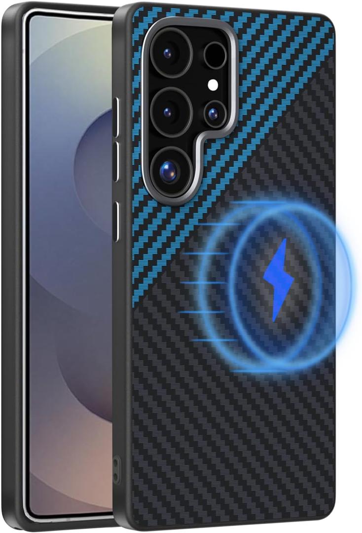 Magnetic Carbon Fiber Case for Samsung Galaxy S24 Ultra Compatible with MagSafe, Slim & Ultra Thin Aramid Fiber Anti-Scratch Military-Grade & Metal Camera Shockproof Case, Black&Blue