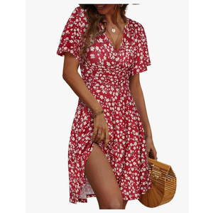 FENSACE Womens Sundress Summer Floral Short Sleeve Wrap V Neck A-Line Midi Dress M