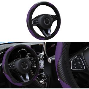 Car Steering Wheel Cover, 15 inch Carbon Fiber Microfiber PU Leather Elastic Steering Wheel Protector for Men Women, Anti-Slip Breathable Car Interior Accessories for Most Cars (Purple)