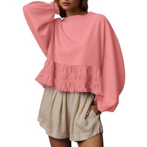 Burtell Crew Neck Crop Oversized Sweatshirts For Women Casual Long Puff Sleeve Babydoll Tops Loose Lace Patchwork Peplum Top Small