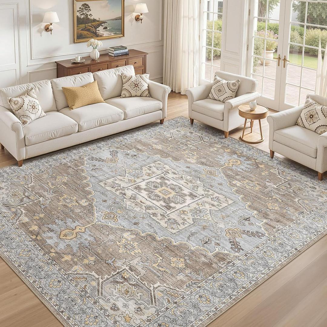8x10 Washable Area Rugs for Living Room: Non Slip Vintage Brown Gray Rug, Large Soft Stain Resistant Indoor Floor Carpets for Bedroom Dining Room Nursery Home Office Kid & Pet Friendly