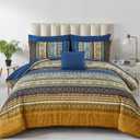 Cottolester Boho King Comforter Set 8 Pieces,Brown Blue Bohemian Comforter Paisley Striped Bed in A Bag,Soft Microfiber Bedding Set for All Season