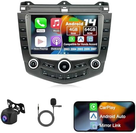 Slakerbe Android 14 Double Din Car Radio Compatible with Honda Accord 2003 2004 2005 2006 2007, 4G+64G 9" Touch Screen Car Stereo with Wireless Carplay Android Auto GPS WiFi Mic Backup Camera