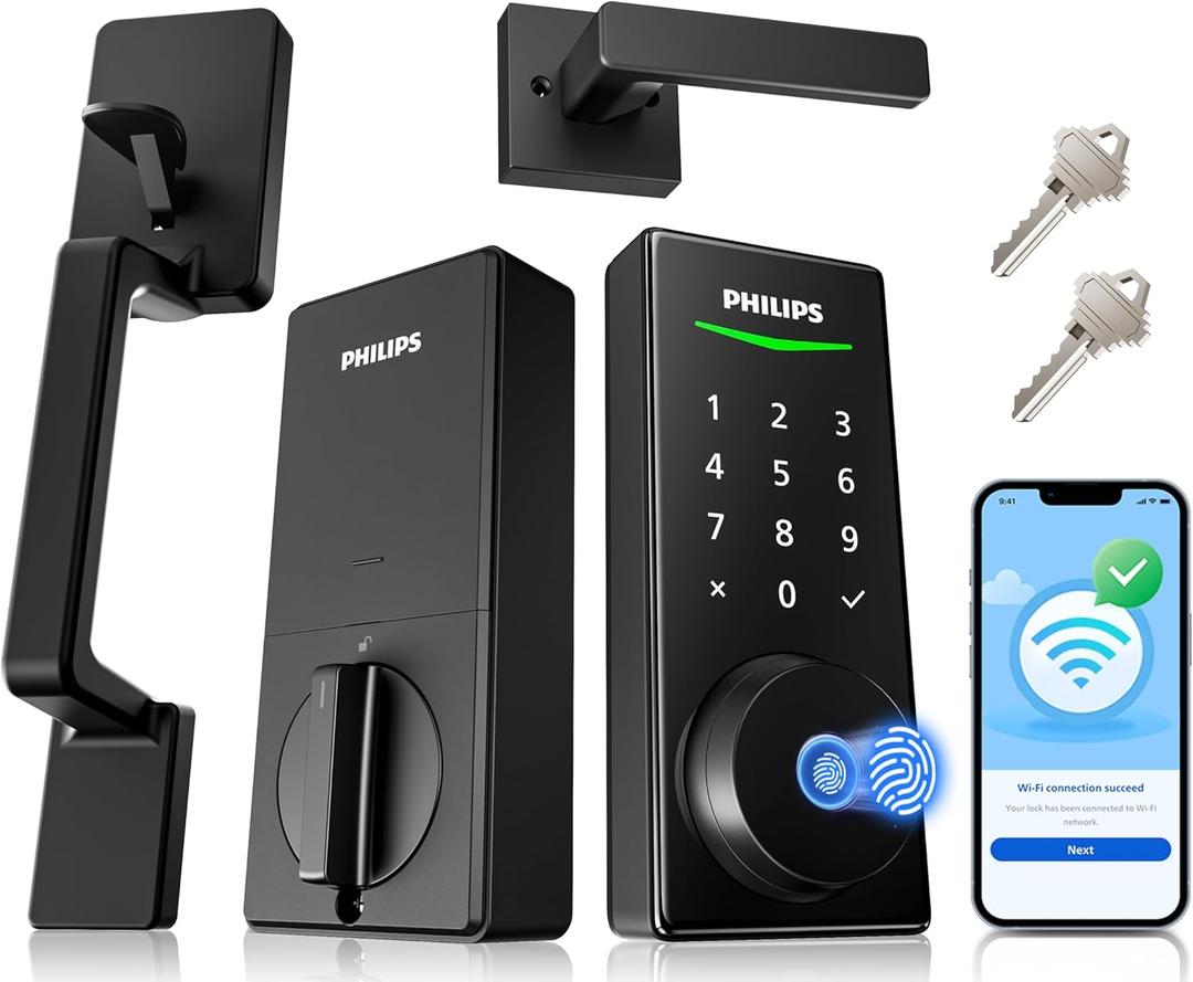 Philips Touchscreen WiFi Smart Lock with Handle Set, Built-in WiFi, Remote Control & Voice Control, Fingerprint Keyless Entry Door Lock, Smart Locks for Front Door Deadbolt, Auto-Lock, Matte Black
