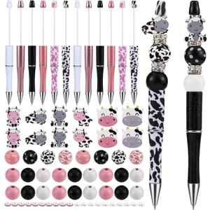 12 Set Plastic Bead Pen Beaded Pens Kit DIY Pens Making Kit With Round Wooden Beads Rhinestone Spacer Beads Shaped Wooden Beads Cute Beaded Pen for Students Schools Office Supplies(Cow)