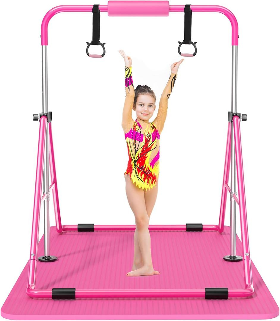 Safly Fun Kids Gymnastics Bar Foldable & Adjustable 35"-51", Safe Padded Gymnastics Bar for Kids, Sturdy 145 lbs Capacity, Easy-to-Assemble Gymnastics Equipment for Indoor/Outdoor Training (Pink with mat)
