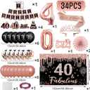 40th Birthday Decorations for Women - 34pcs Black Rose Gold Birthday Party Decor Include Happy 40th Birthday Banner 40 Years Old Crown Sash Backdrop Balloons Cake Topper Hanging Swirls Paper Fans