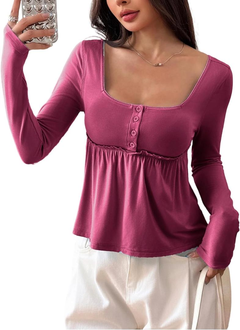 SOLY HUX Women's Babydoll Tops Long Sleeve Henley Shirts Cute Square Neck Coquette Peplum Top X-Large