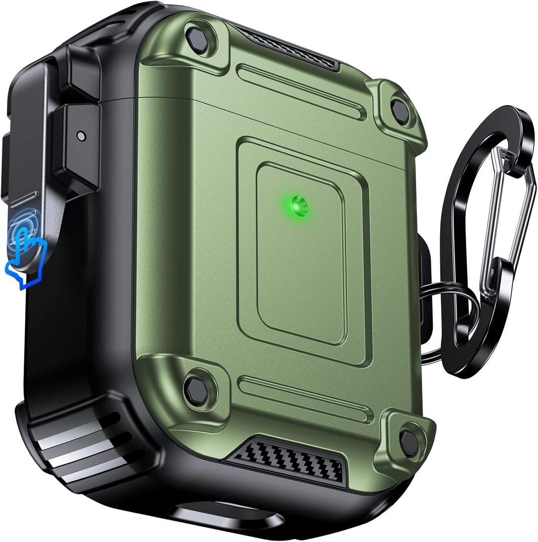 Chicfun Armour Lock for AirPods 1st/2nd Generation Case with Secure Lock & Keychain, Compatible with MagSafe [360 Heavy Duty Protective] AirPods 1st/2nd Case Hard Protective Locking Cover Green