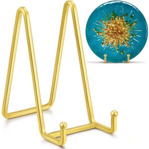6 Inch Metal Square Wire Plate Stands for Display - Gold 2 Pack Holder Stand + Picture Frame Easel for Book, Decorative Plaque, Photo, Platter