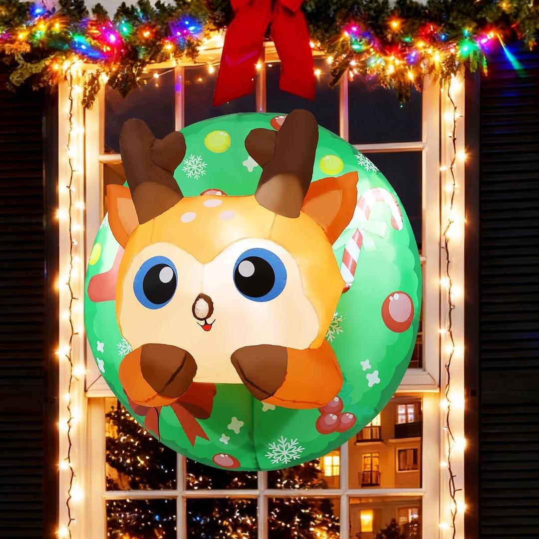 COMIN 3.4FT Christmas Inflatables Reindeer Window Outdoor Decorations Blow Up with Built-in LED Lights for Xmas Party Indoor Yard Lawn Garden Patio Decor