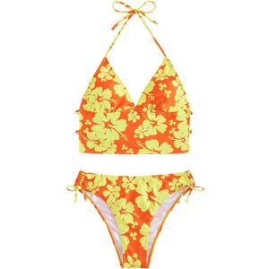 Floerns Women's Tankinis 2 Piece Floral Print Halter Tie Back Crop Top and Bottoms Bikini Set (Orange and Yellow, S)
