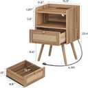 SUPERJARE Nightstands Set of 2, Night Stands with Charging Station & PE Rattan Decor Drawer, Bed Side Tables with Solid Wood Feet, End Table, for Bedroom, Living Room, Walnut