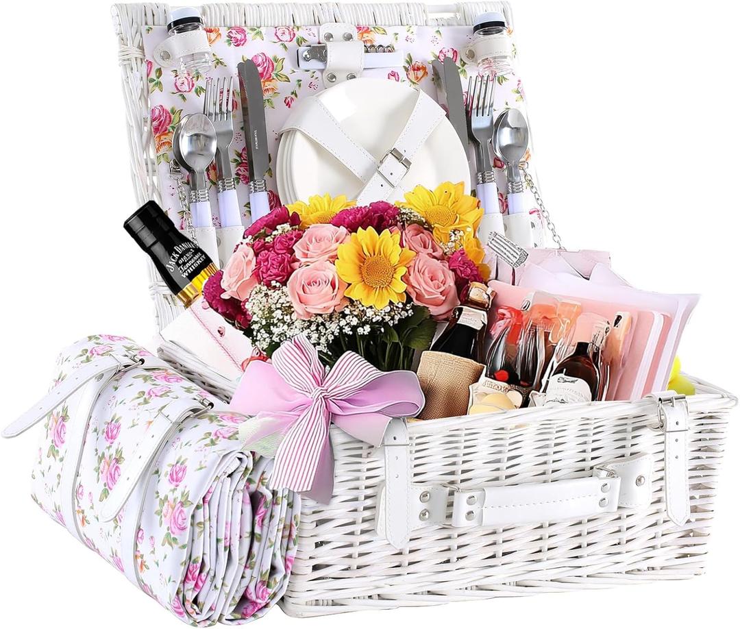Wicker Picnic Basket for 4 with Waterproof Picnic Blanket and Insulated Cooler, Willow Hamper for Camping, Outdoors, Photoshoot, or a Birthday, Mother's Day, Wedding Gift, White