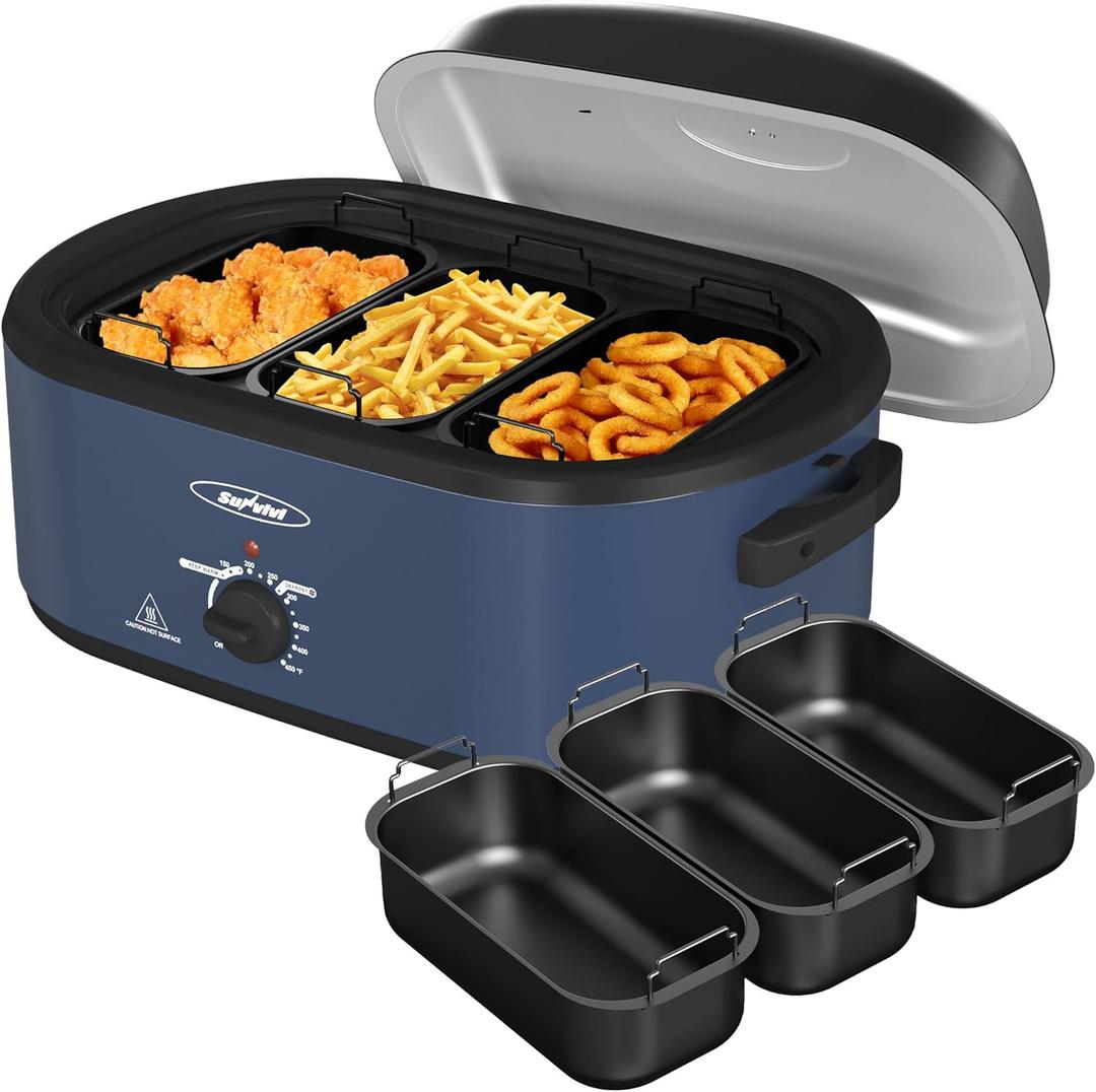 Sunvivi 20QT Roaster Oven, Electric Roaster with 3 Compartments, Turkey Roaster Oven with Self-Basting Lid, Removable Pan & Rack, Defrost & Warm Function, Fit Turkey Up to 24LB, Stainless Steel, Blue