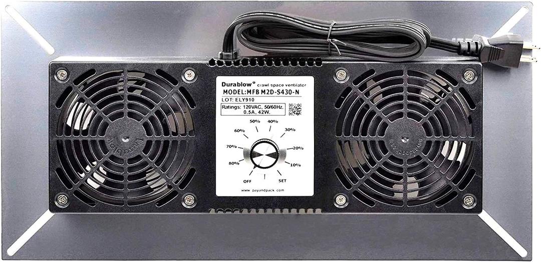 Durablow 220 CFM Air-In Stainless Steel Crawl Space Vent Fan, Dual Fans with Dehumidistat & Thermostat, Foundation Vent, Radon Mitigation, for Crawl space, Basement (Stainless steel 430, M2D-S430-N), SUS430+Dual Fan+Dehumidistat