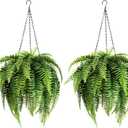 2Pcs Fake Hanging Ferns, Artificial Ferns Hanging Baskets, Fake Hanging Plants UV Resistant Outdoor Faux Plants for Front Porch Patio Garden Décor, No Assembly Required