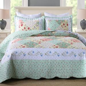 MarCielo 3-Piece Floral Printed Quilt Set Lightweight Bedspread Set Coverlet Set (Romantic Green, Queen)