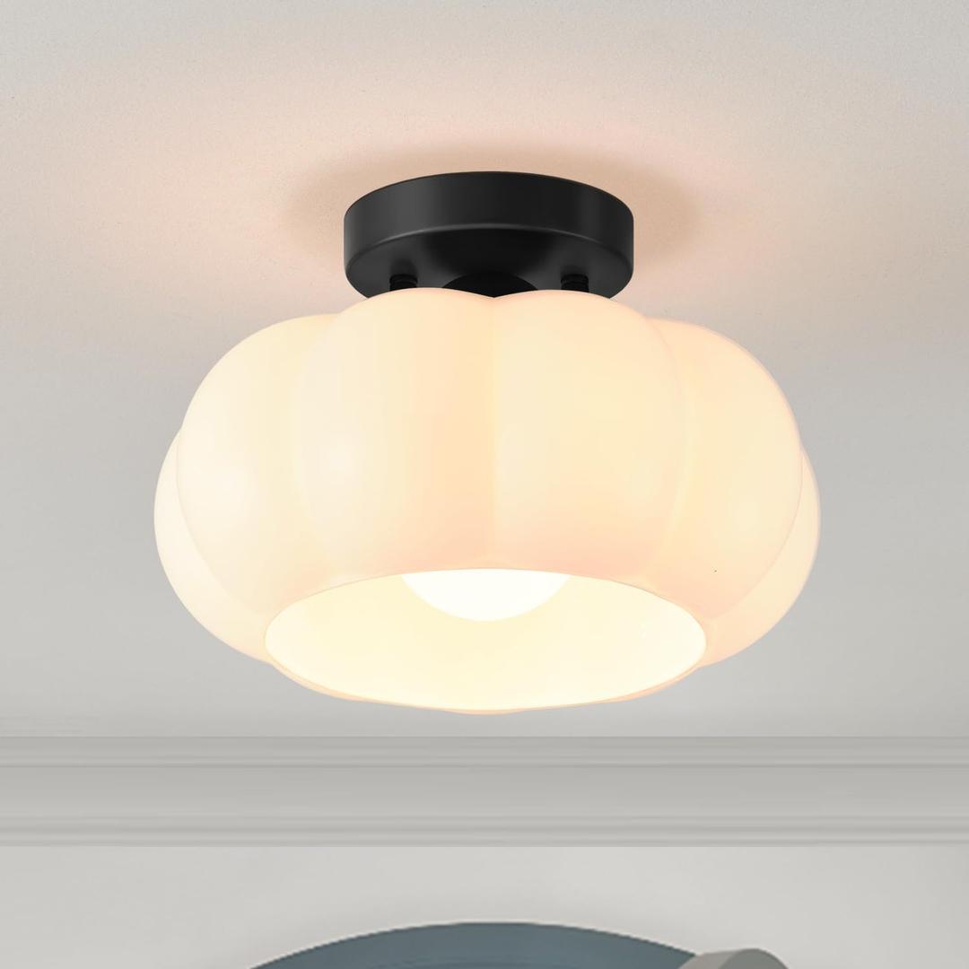 Vintage Semi Flush Mount Ceiling Light,Mid Century Modern Ceiling Lights,10 Inch Milk White Glass Shade with a Black Base,for Bedroom,Kitchen,Hallway,Entryway